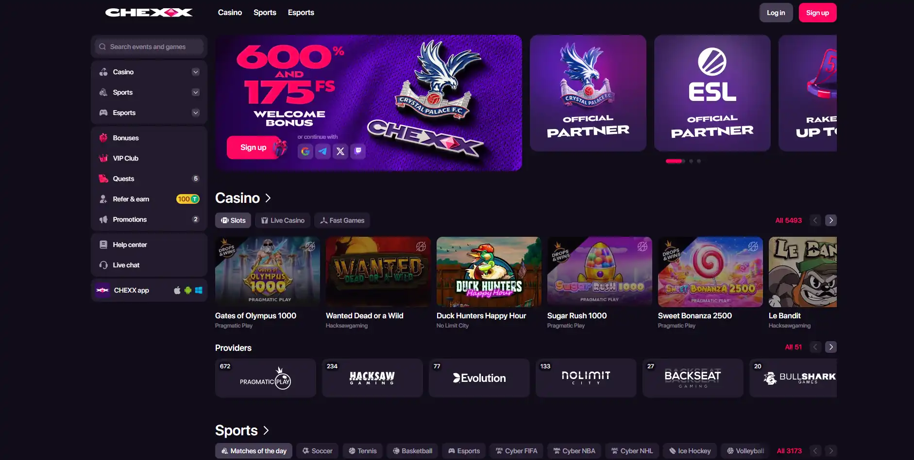 Aktuálna domovská stránka CHEXX s navigáciou Casino, Sports a Esports